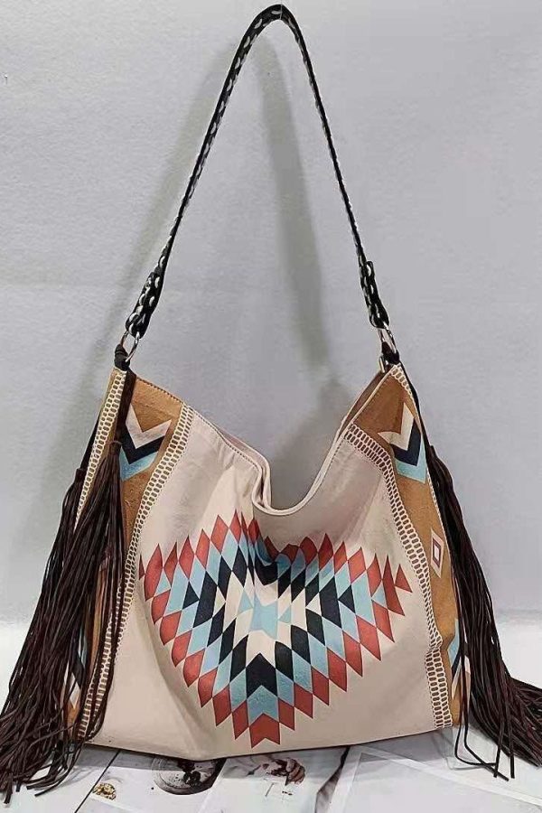 Vintage Khaki Tassel Geometric Embroidery Linen Satchel Handbag