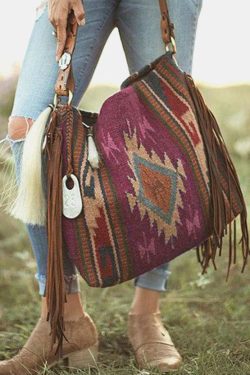 Vintage Khaki Tassel Geometric Embroidery Linen Satchel Handbag