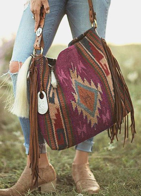 Vintage Khaki Tassel Geometric Embroidery Linen Satchel Handbag