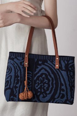 Vintage Navy Jacquard Large Capacity Cotton Satchel Handbag