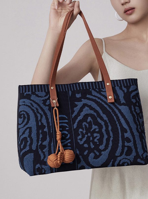 Vintage Navy Jacquard Large Capacity Cotton Satchel Handbag