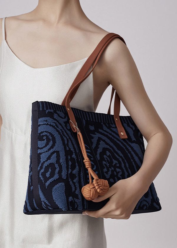 Vintage Navy Jacquard Large Capacity Cotton Satchel Handbag