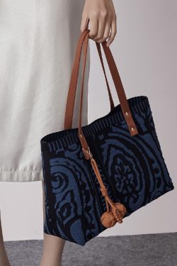 Vintage Navy Jacquard Large Capacity Cotton Satchel Handbag