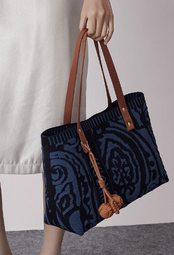 Vintage Navy Jacquard Large Capacity Cotton Satchel Handbag
