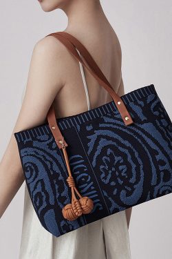 Vintage Navy Jacquard Large Capacity Cotton Satchel Handbag