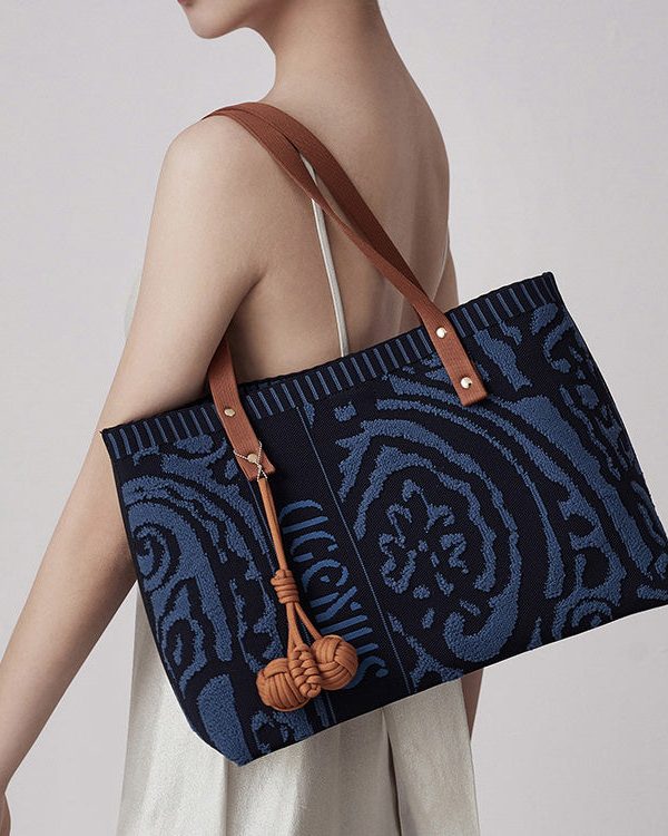 Vintage Navy Jacquard Large Capacity Cotton Satchel Handbag
