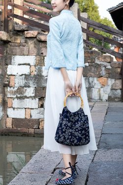 Vintage Navy Print Chinese Style Cotton Tote Handbag Satchel Bag Handbag