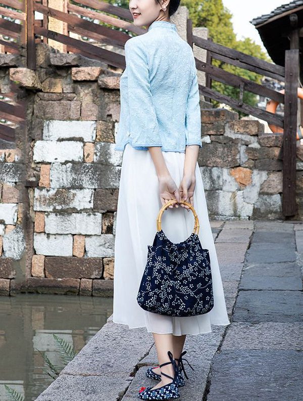 Vintage Navy Print Chinese Style Cotton Tote Handbag Satchel Bag Handbag