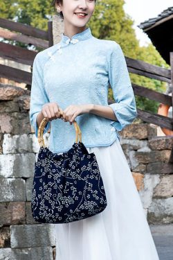 Vintage Navy Print Chinese Style Cotton Tote Handbag Satchel Bag Handbag