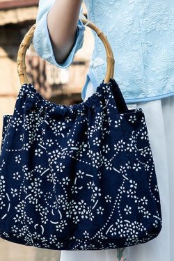 Vintage Navy Print Chinese Style Cotton Tote Handbag Satchel Bag Handbag