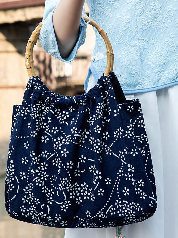 Vintage Navy Print Chinese Style Cotton Tote Handbag Satchel Bag Handbag