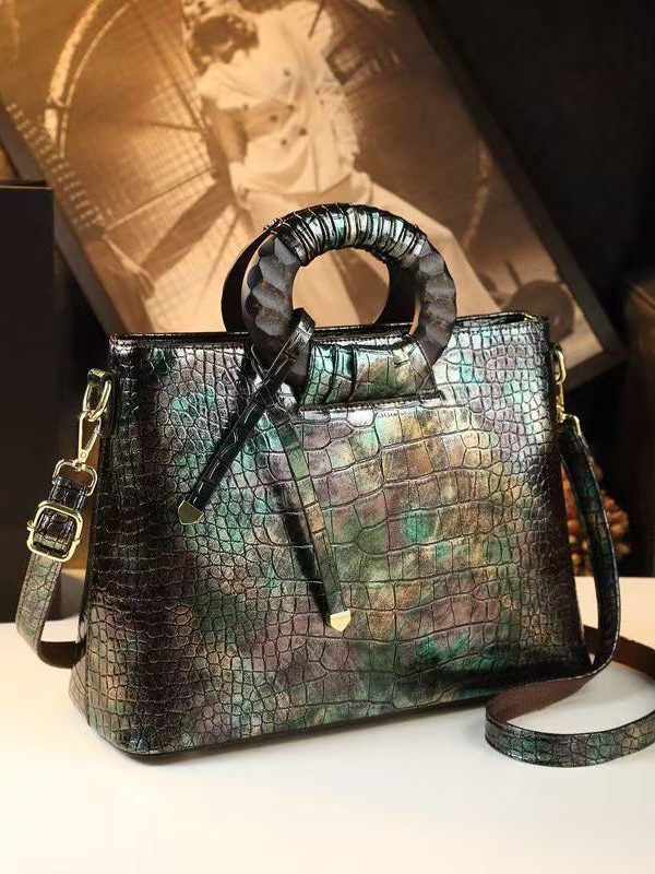 Vintage New Brown Embossed Calf Leather Tote Handbag