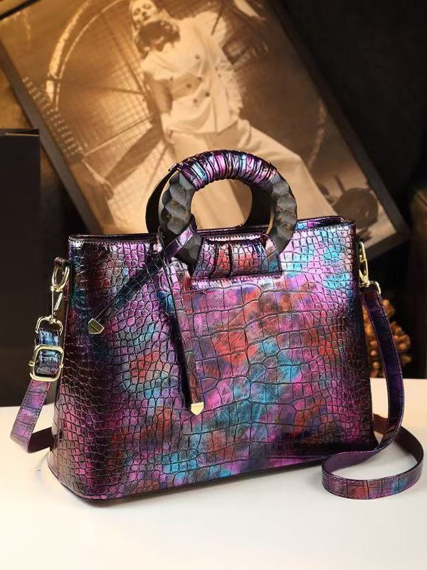 Vintage New Brown Embossed Calf Leather Tote Handbag