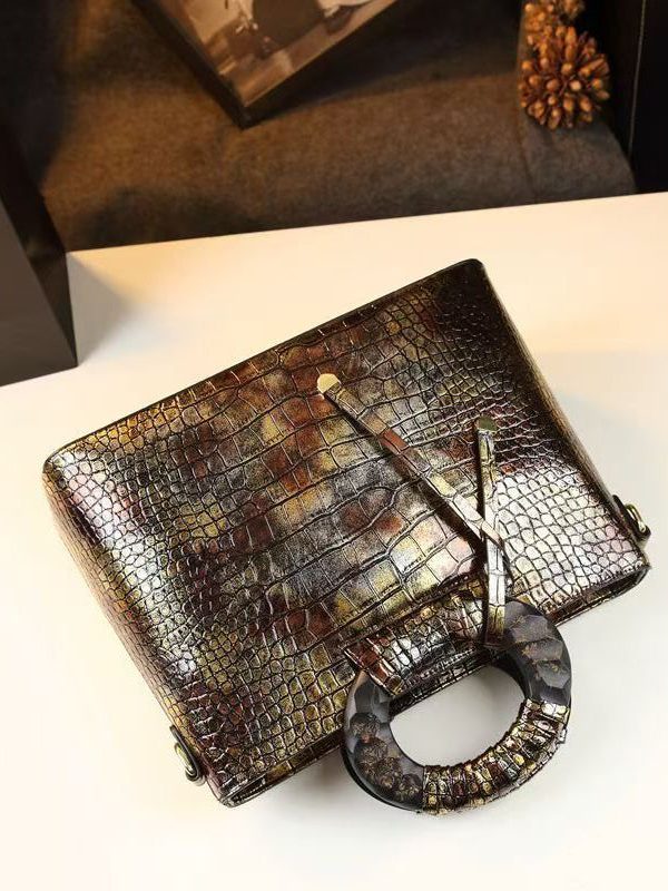 Vintage New Brown Embossed Calf Leather Tote Handbag