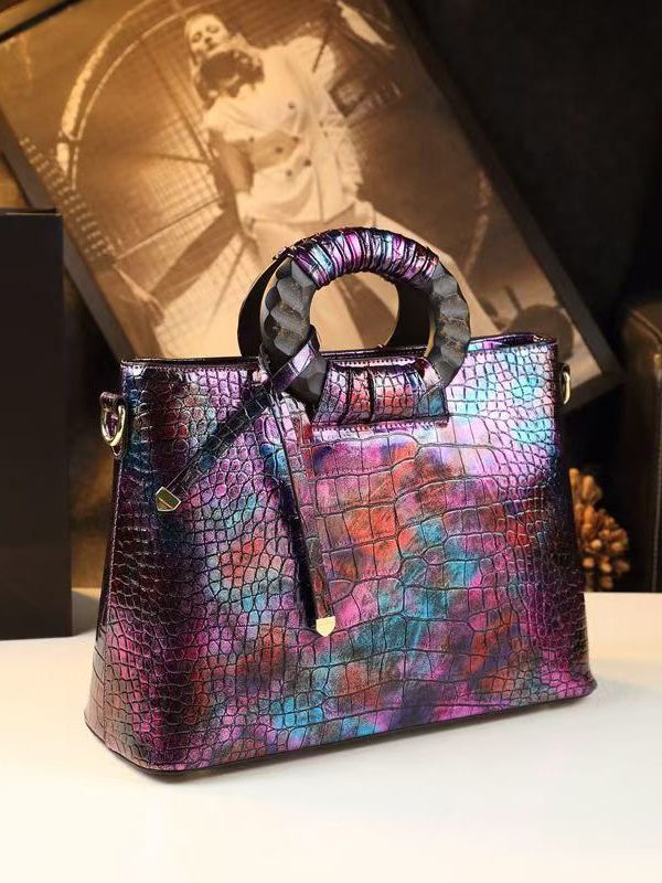 Vintage New Brown Embossed Calf Leather Tote Handbag