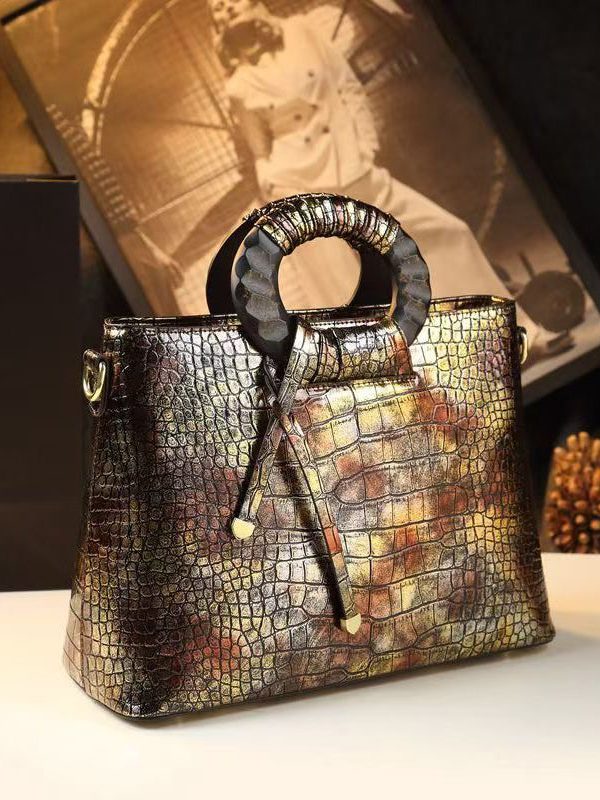 Vintage New Brown Embossed Calf Leather Tote Handbag