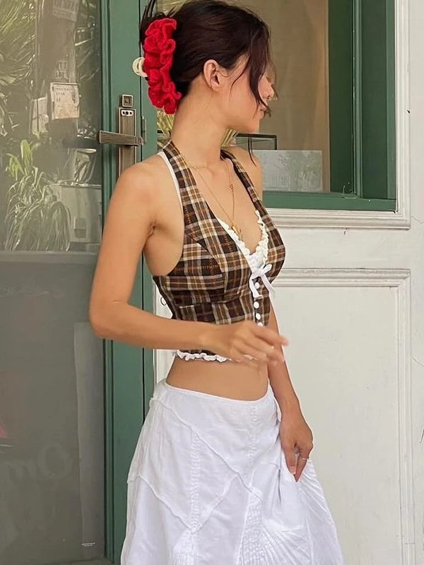 Vintage Plaid Halter Neck Top