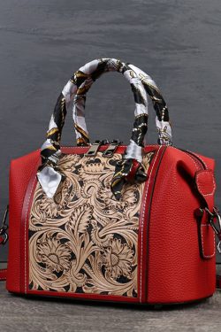 Vintage Red Jacquard Fine Calf Leather Tote Handbag