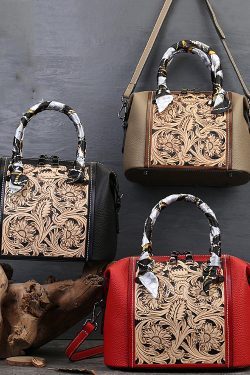 Vintage Red Jacquard Fine Calf Leather Tote Handbag