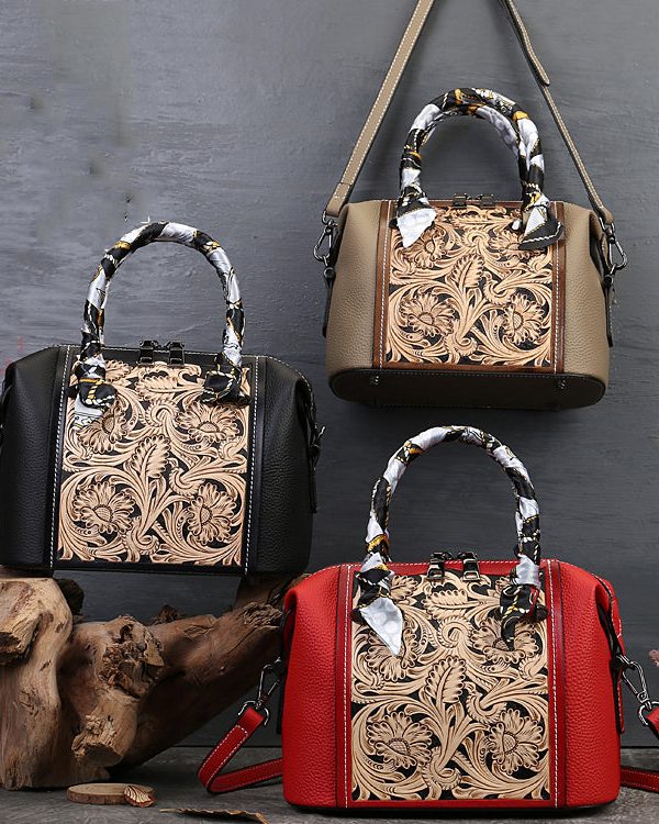 Vintage Red Jacquard Fine Calf Leather Tote Handbag