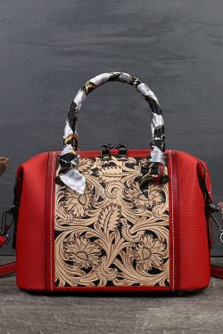 Vintage Red Jacquard Fine Calf Leather Tote Handbag