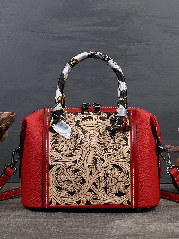 Vintage Red Jacquard Fine Calf Leather Tote Handbag