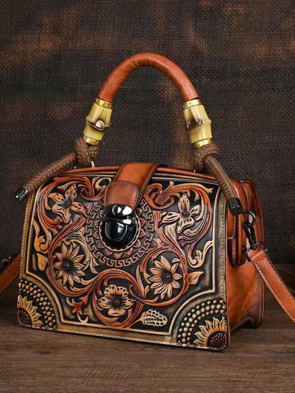 Vintage Red Original Bamboo Joint Splicing Embossed Handbag