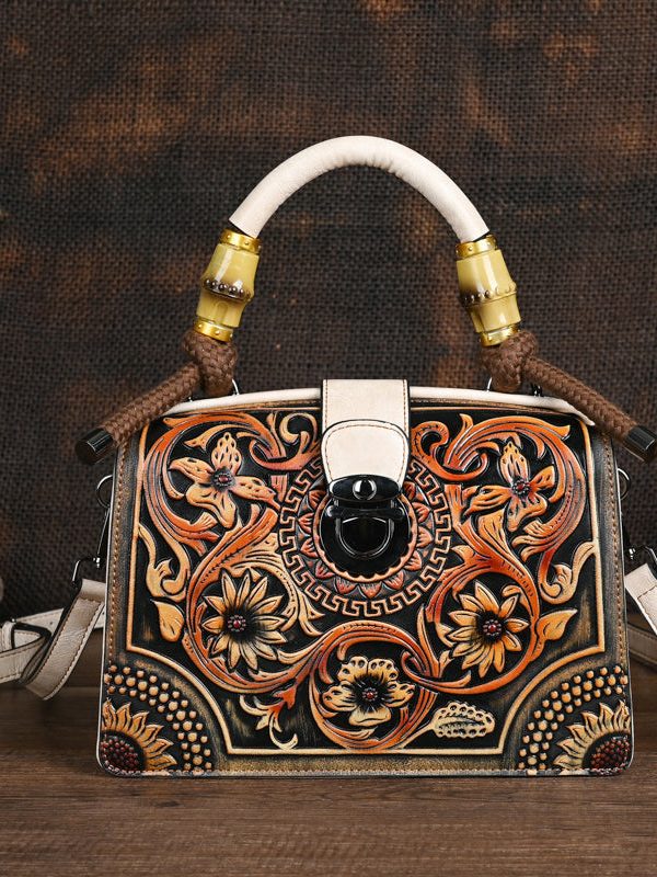 Vintage Red Original Bamboo Joint Splicing Embossed Handbag