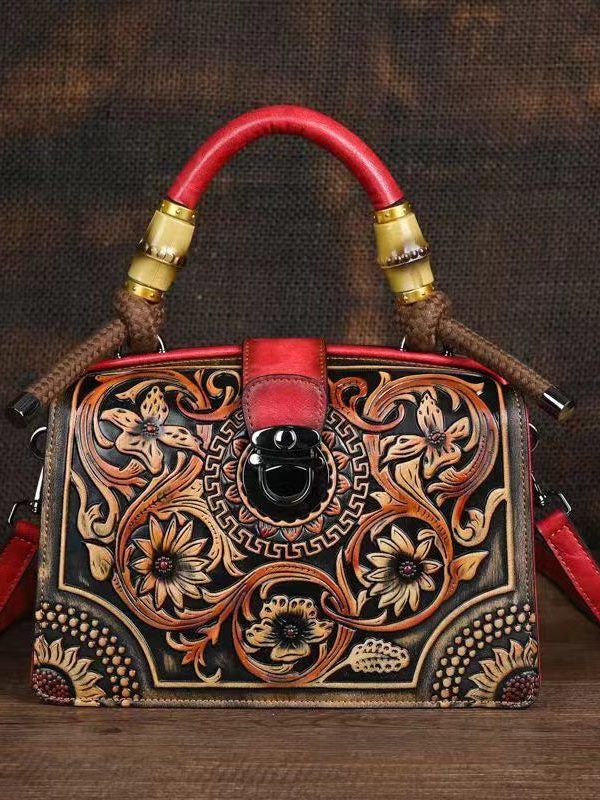 Vintage Red Original Bamboo Joint Splicing Embossed Handbag
