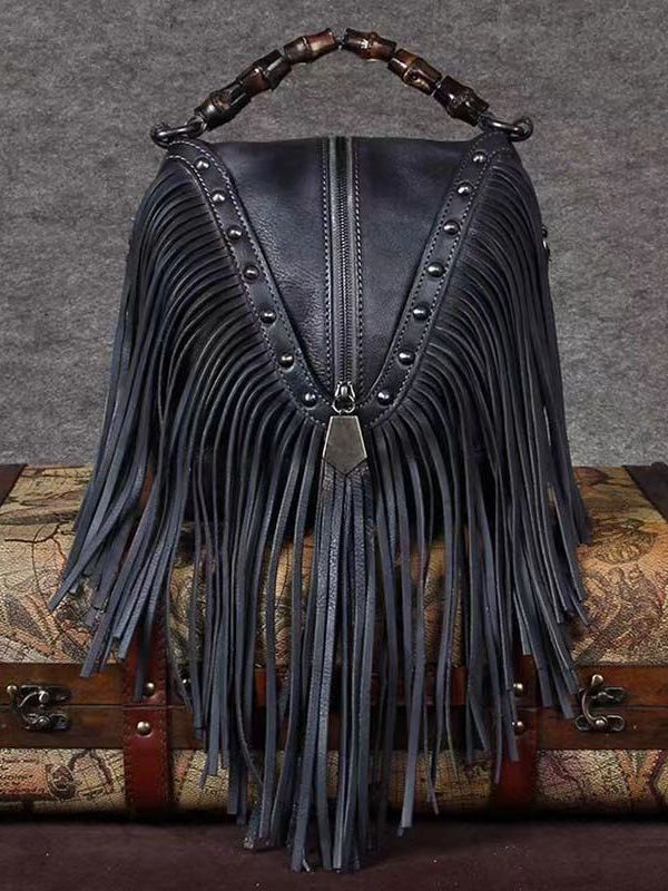 Vintage Red Tassel Rivet Calf Leather Satchel Bag Handbag