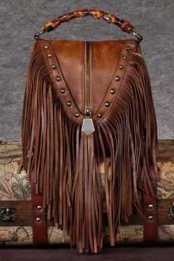 Vintage Red Tassel Rivet Calf Leather Satchel Bag Handbag