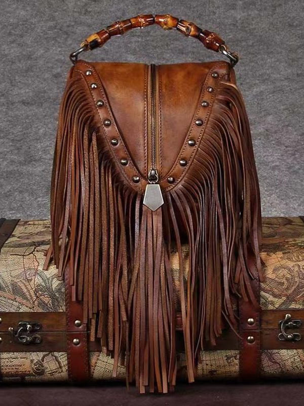 Vintage Red Tassel Rivet Calf Leather Satchel Bag Handbag