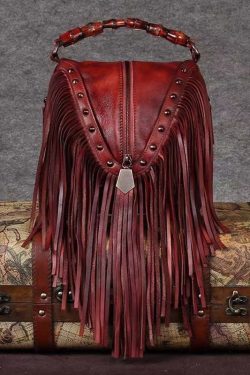 Vintage Red Tassel Rivet Calf Leather Satchel Bag Handbag