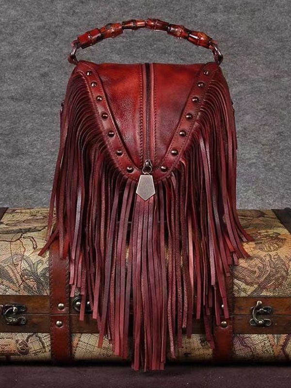 Vintage Red Tassel Rivet Calf Leather Satchel Bag Handbag