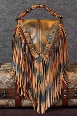 Vintage Red Tassel Rivet Calf Leather Satchel Bag Handbag