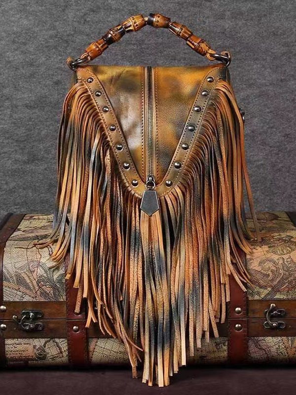 Vintage Red Tassel Rivet Calf Leather Satchel Bag Handbag