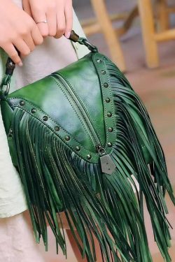 Vintage Red Tassel Rivet Calf Leather Satchel Bag Handbag