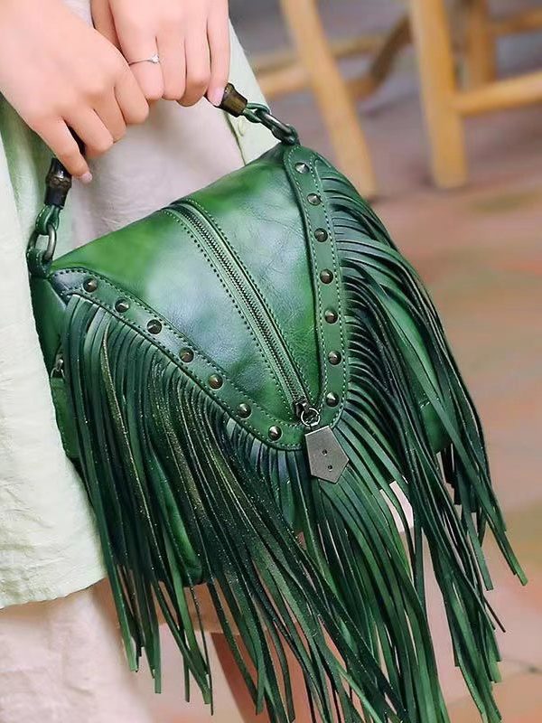 Vintage Red Tassel Rivet Calf Leather Satchel Bag Handbag