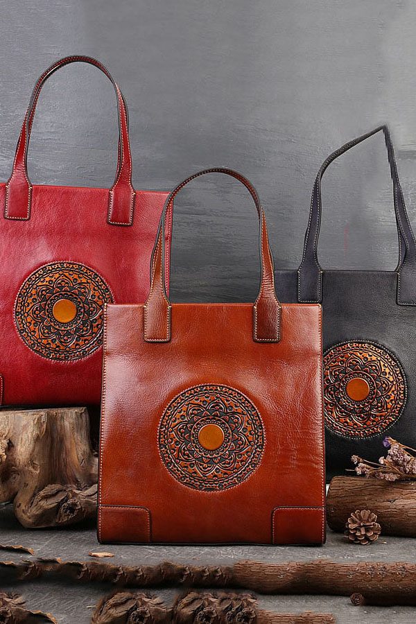 Vintage Red The Sunflowers Jacquard High-capacity Calf Leather Tote Handbag