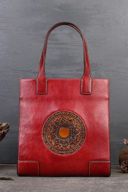Vintage Red The Sunflowers Jacquard High-capacity Calf Leather Tote Handbag