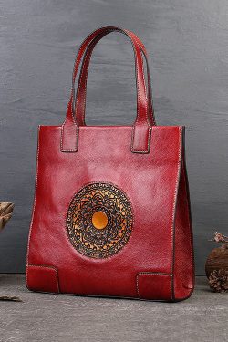 Vintage Red The Sunflowers Jacquard High-capacity Calf Leather Tote Handbag