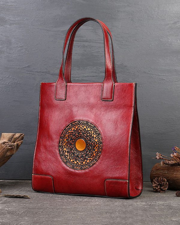 Vintage Red The Sunflowers Jacquard High-capacity Calf Leather Tote Handbag