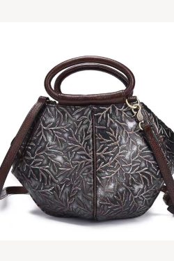 Vintage Silver Brown Cowhide Embossed Solid Durable Handbag