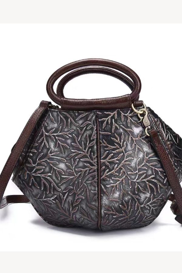 Vintage Silver Brown Cowhide Embossed Solid Durable Handbag