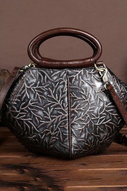 Vintage Silver Brown Cowhide Embossed Solid Durable Handbag