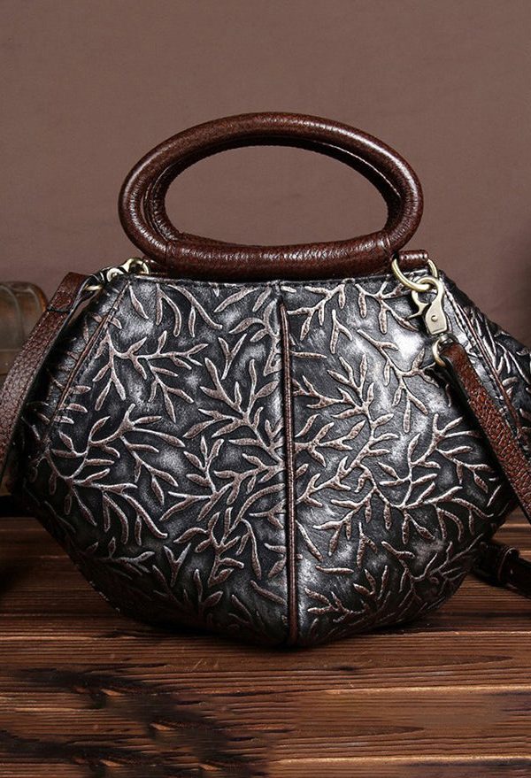 Vintage Silver Brown Cowhide Embossed Solid Durable Handbag