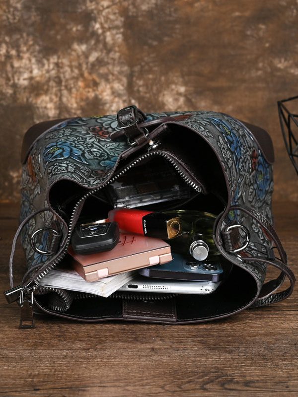 Vintage Silver Embossed Durable Calf Leather Messenger Bag