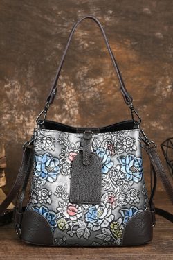 Vintage Silver Embossed Durable Calf Leather Messenger Bag