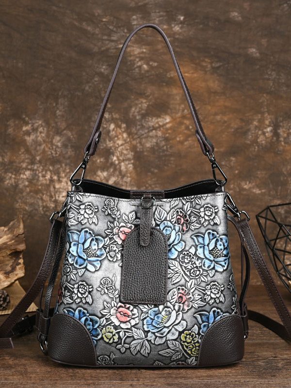 Vintage Silver Embossed Durable Calf Leather Messenger Bag