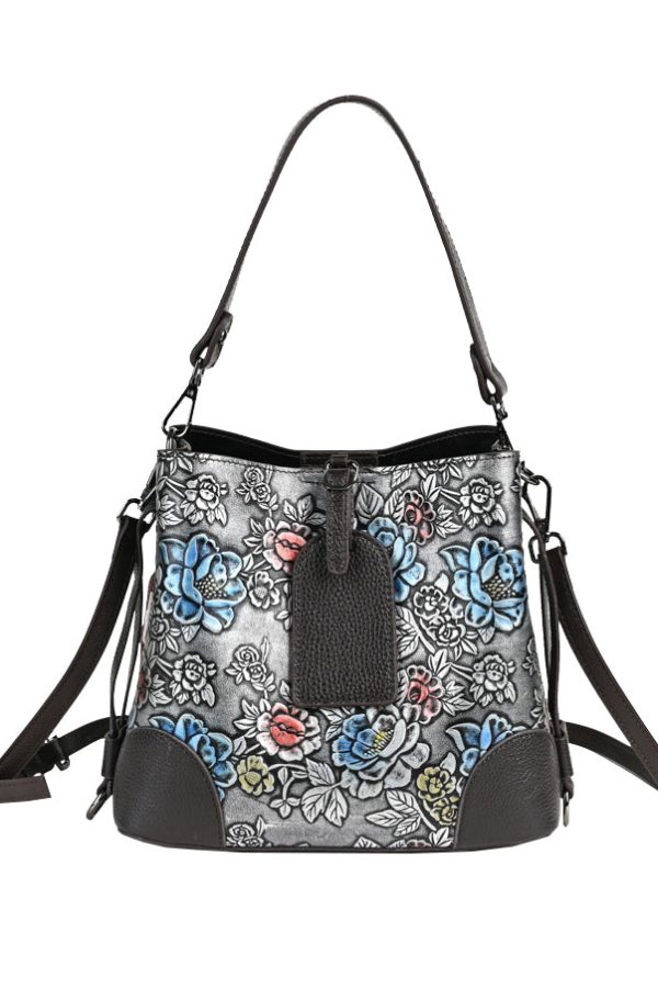 Vintage Silver Embossed Durable Calf Leather Messenger Bag